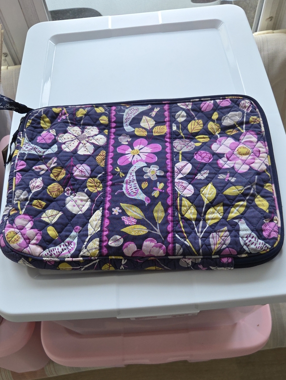 Vera Bradley Quilted Navy Floral Laptop Case with Pink & Yellow Accents